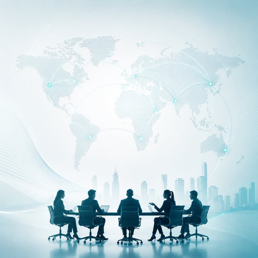 A global leadership team collaborating around a boardroom table with a world map and connected cities in the background
